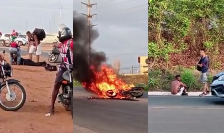 Homem tem queimaduras no corpo após moto pegar fogo em acidente na BR-343