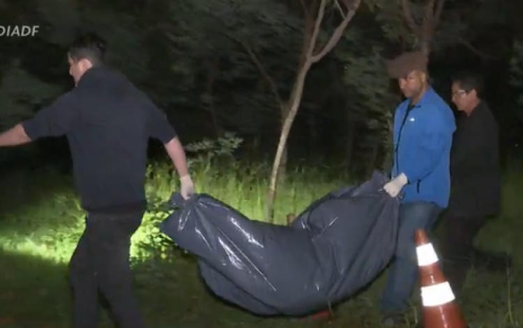 Policiais analisam área de mata perto do Palácio do Planalto, em Brasília, após ossada ser encontrada — Foto: TV Globo/Reprodução