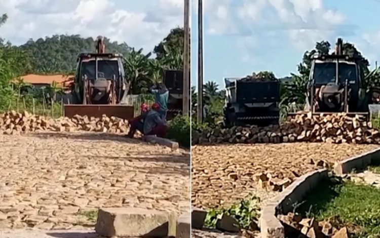 Trabalhadores usaram retroescavadeira para retirar calçamento de rua em Miguel Alves, no Piauí — Foto: Reprodução