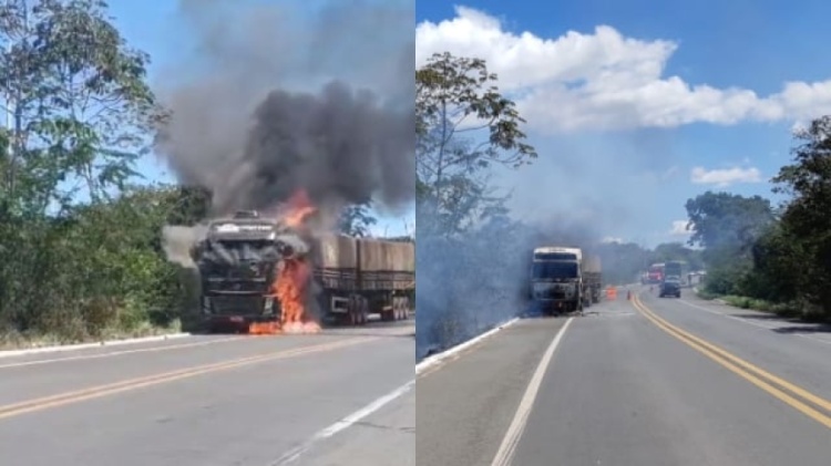 Cabine de caminhão pega fogo na BR 343 e causa interdição total da via. | Divulgação WhatsApp