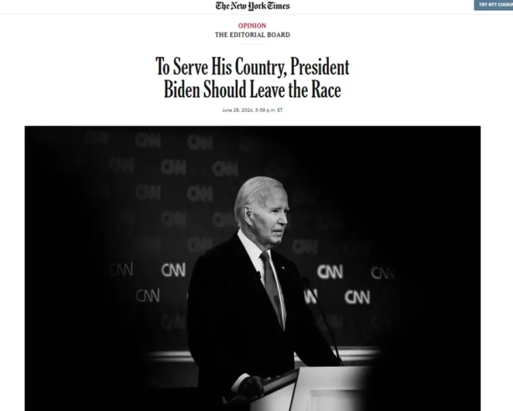 Editorial do jornal "The New York Times" pedindo que o presidente dos EUA, Joe Biden, desista de concorrer à reeleição, em 28 de junho de 2024.
