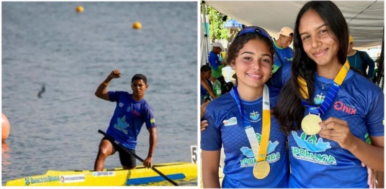 Atleta João Pedro Silva a direita, e as atletas Isabelle e Maria Eduarda a esquerda 