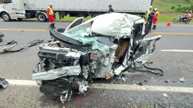 Carro ficou destruído após acidente com caminhão na BR-116, em Muriaé — Foto: Site Silvan Alves/Divulgação