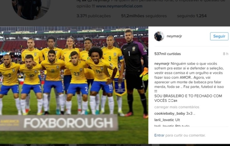 Neymar escreveu em uma rede social que um monte de babaca ia já falar merda e mandou foder-se