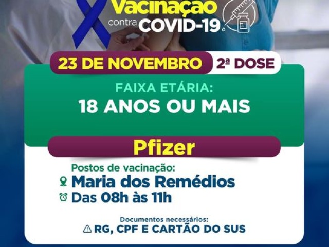 Secretaria informa data da 2° dose da vacinação para 18 anos ou mais em Capitão de Campos (PI)