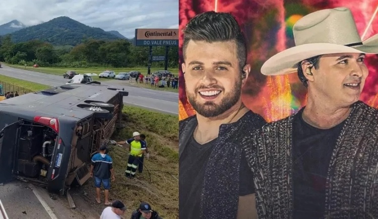 Ônibus de dupla sertaneja Conrado e Aleksandro sofre acidente na rodovia Régis Bittencourt, no interior de SP — Foto: Reprodução/Redes Sociais 